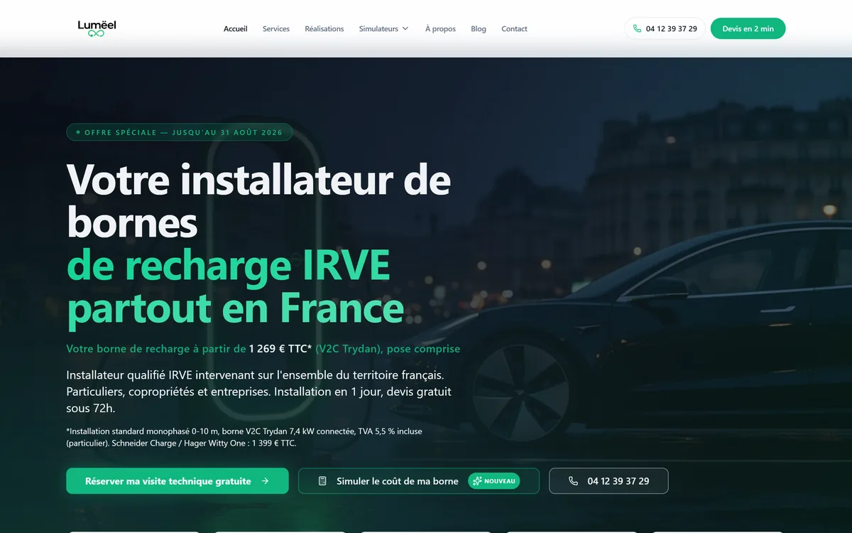 Page d'accueil du site de Lumëel, sur ordinateur