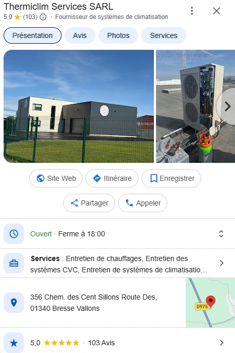 Fiche Google de Thermiclim Services aujourd'hui